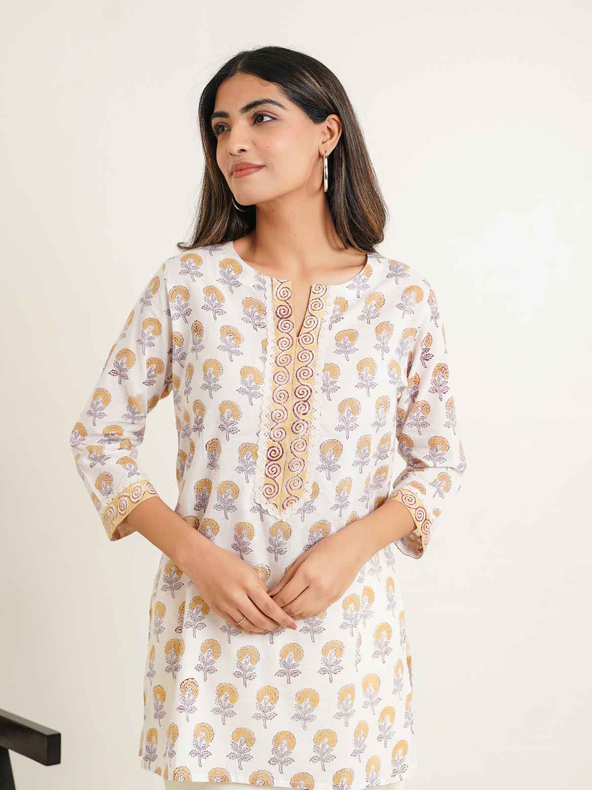 Block-Printed Cotton Zoya Kurti White