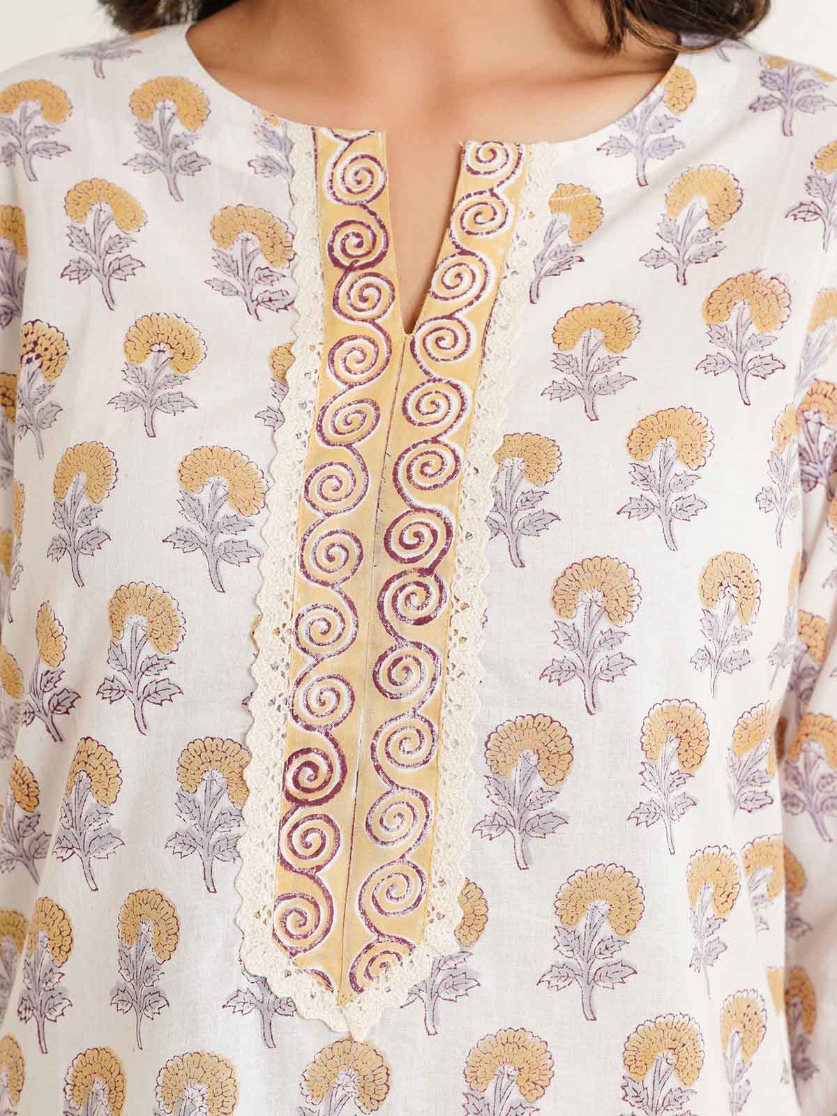 Block-Printed Cotton Zoya Kurti White