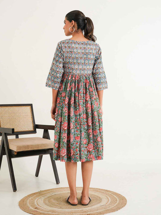 3/4 sleeves Knee-Length Kantha Dress Grey