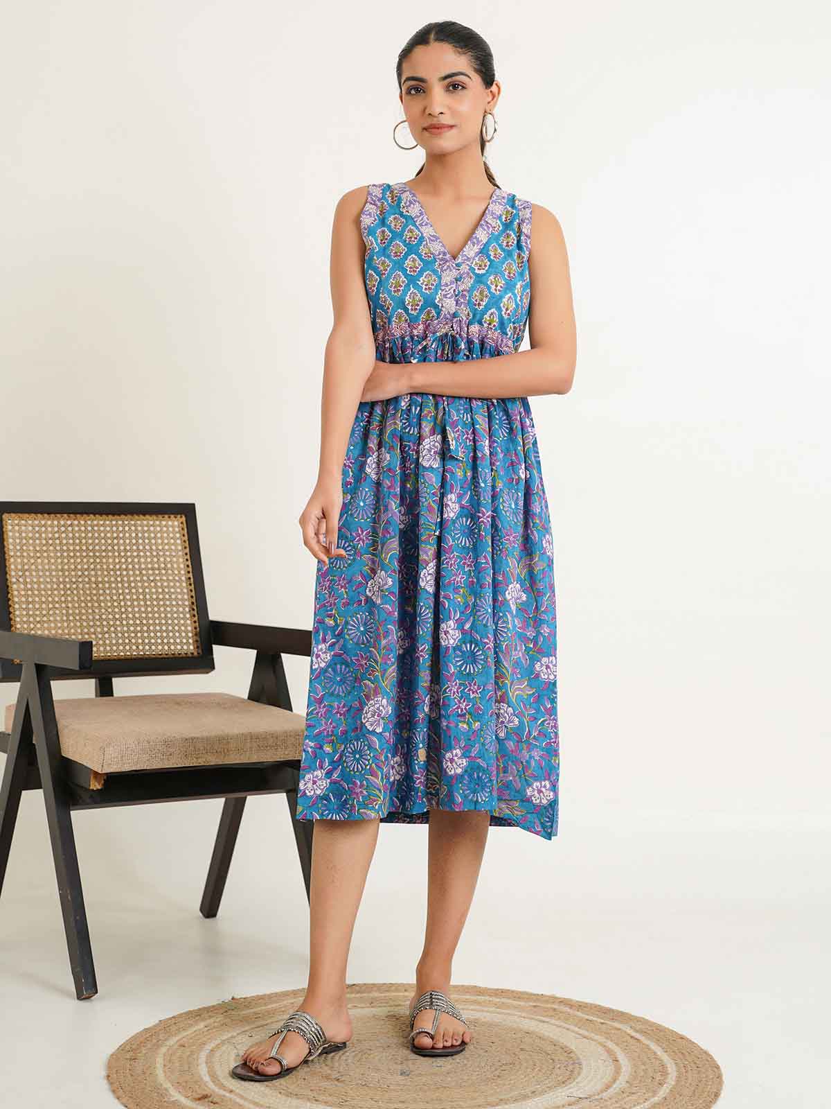 V-Neck Sleeveless Midi Aisha Dress Blue