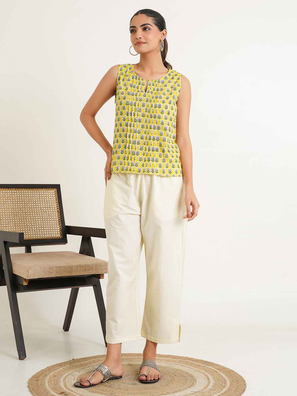 Sleeveless Cotton Pintucks Top Yellow