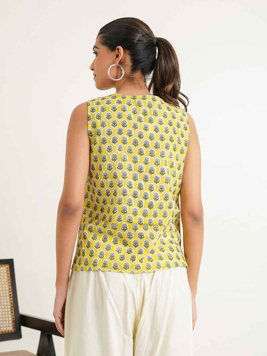 Sleeveless Cotton Pintucks Top Yellow