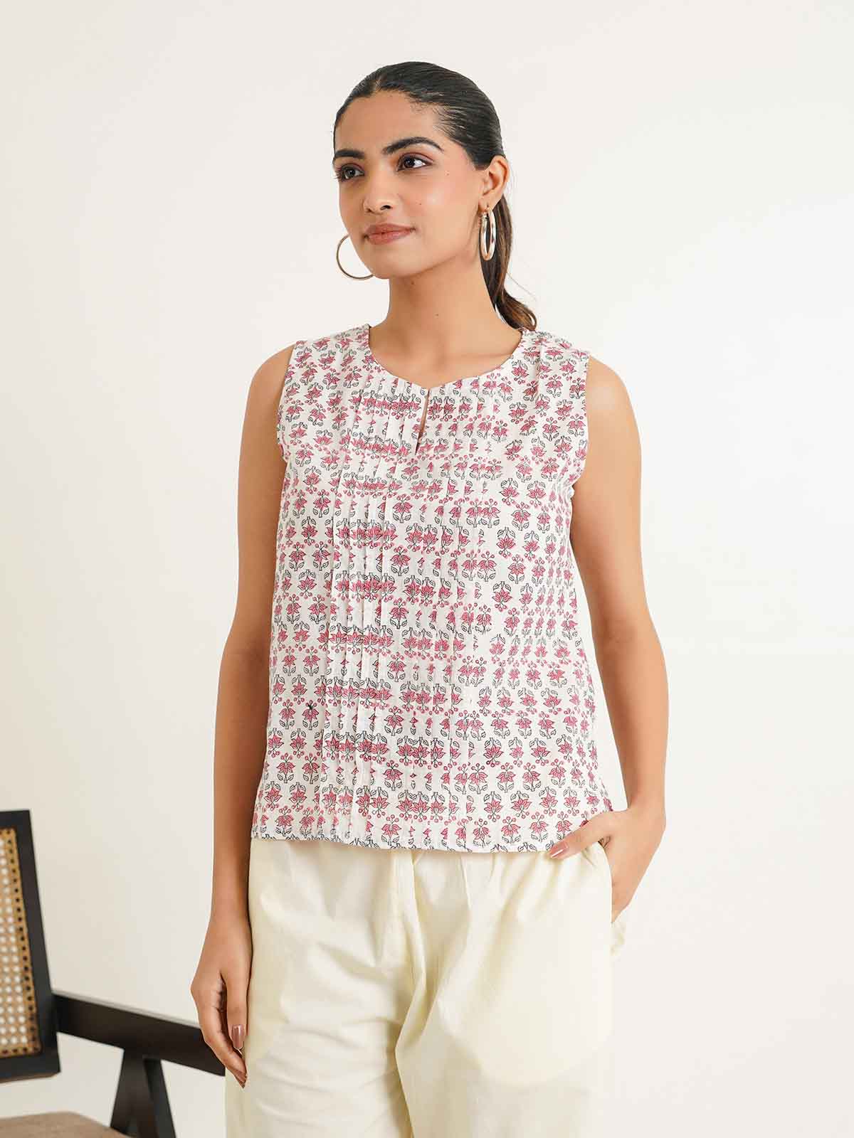 Sleeveless Cotton Pintucks Top White