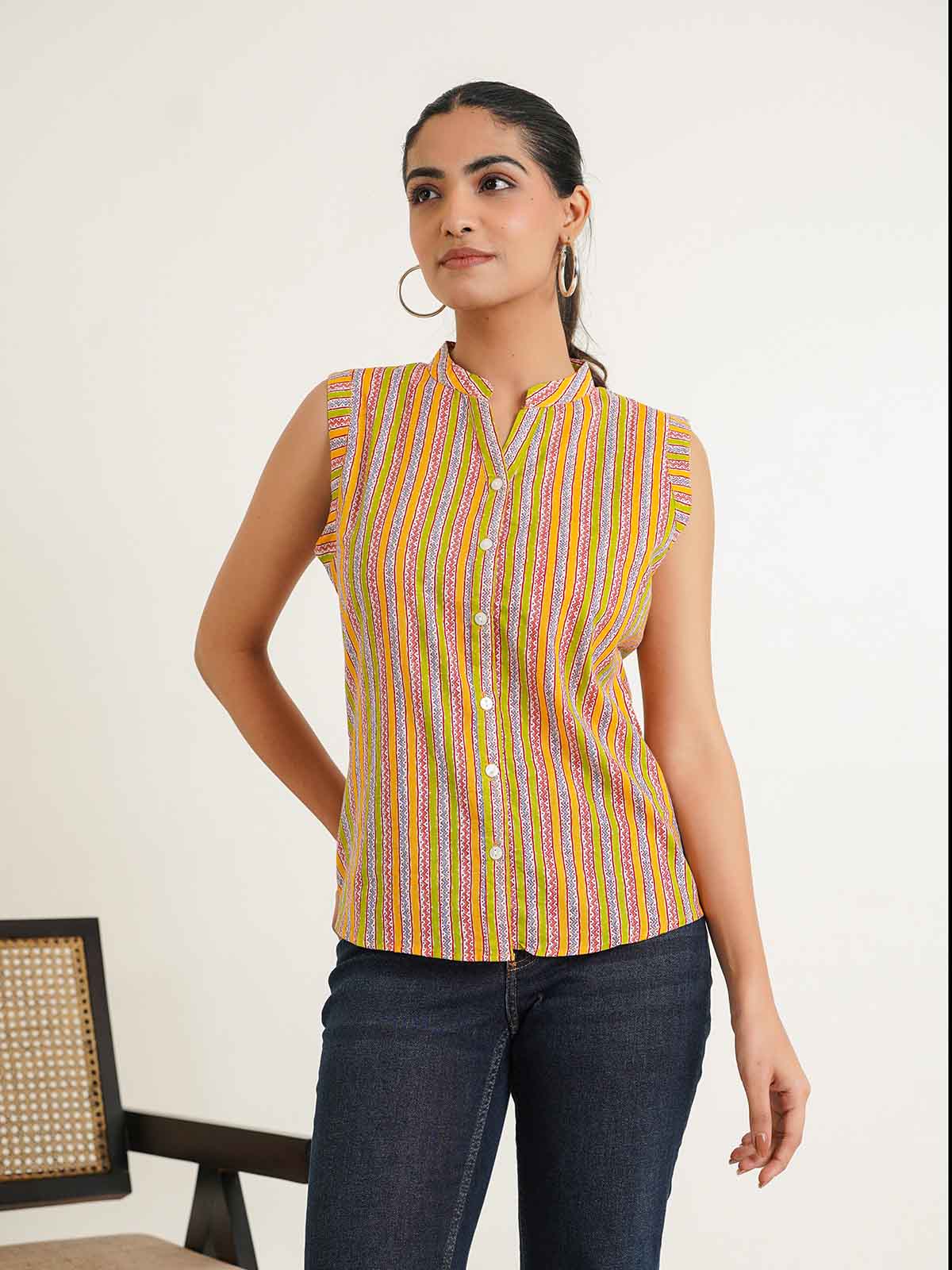 Sleeveless cotton Top With Buttons Multicolor