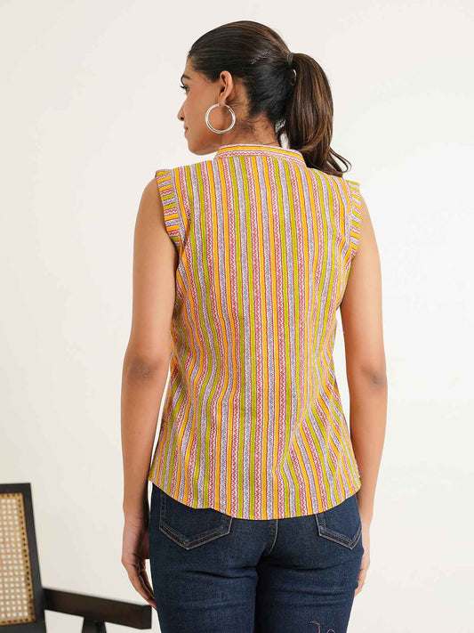 Sleeveless cotton Top With Buttons Multicolor
