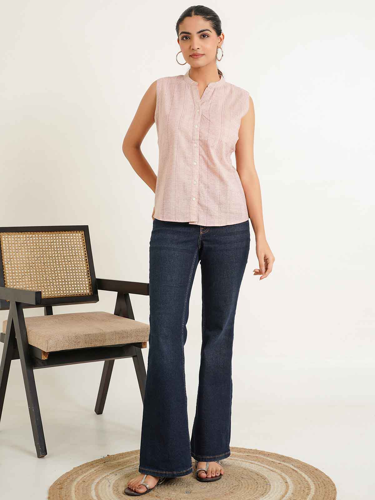 Sleeveless cotton Top With Buttons Peach