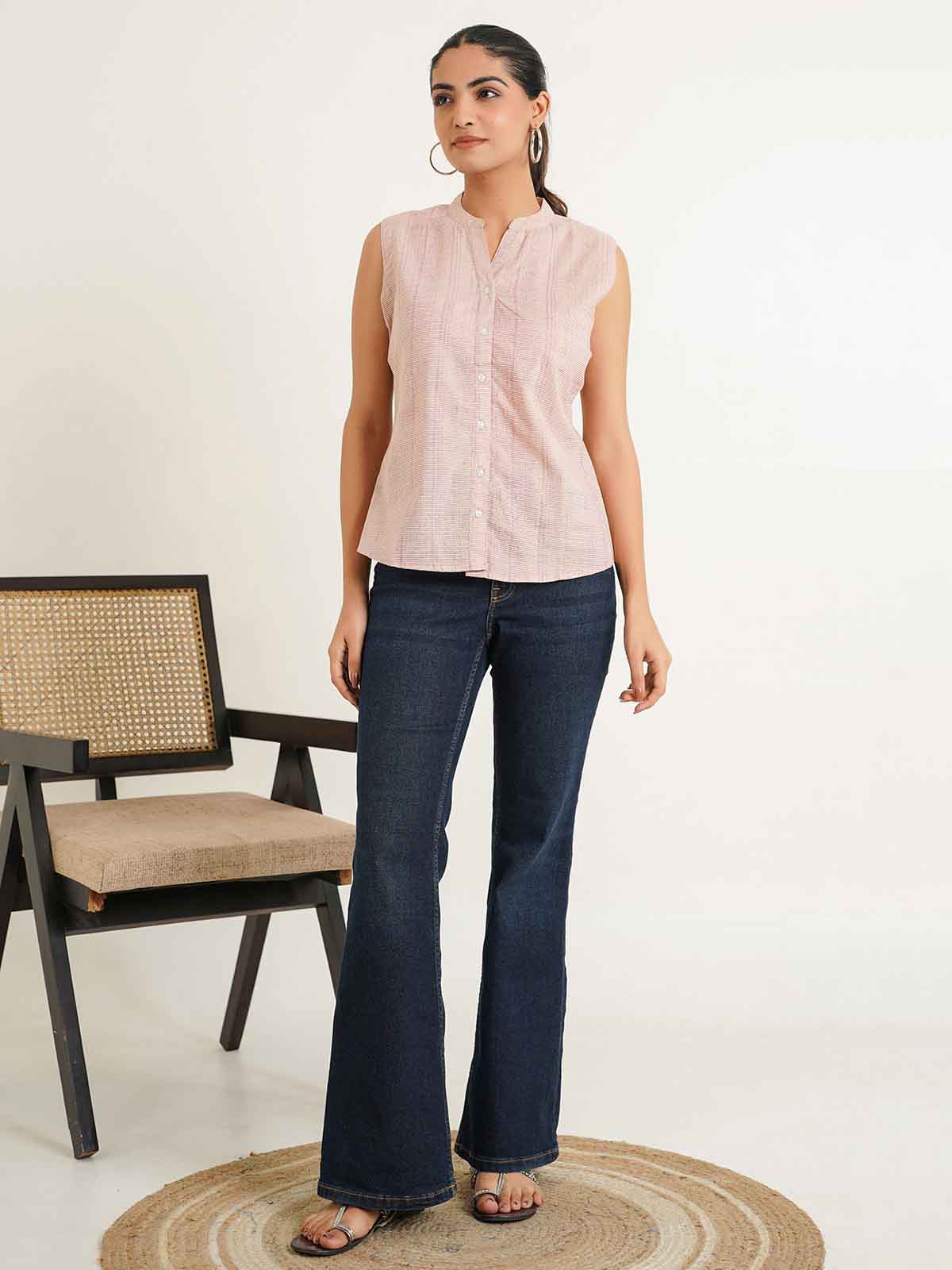 Sleeveless cotton Top With Buttons Peach