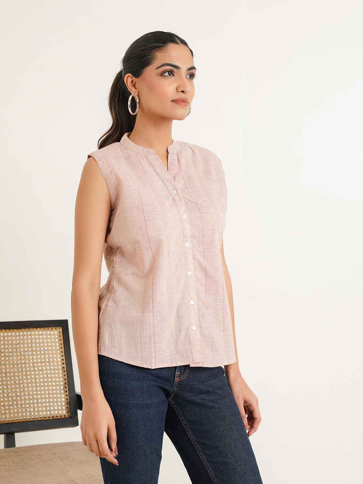 Sleeveless cotton Top With Buttons Peach