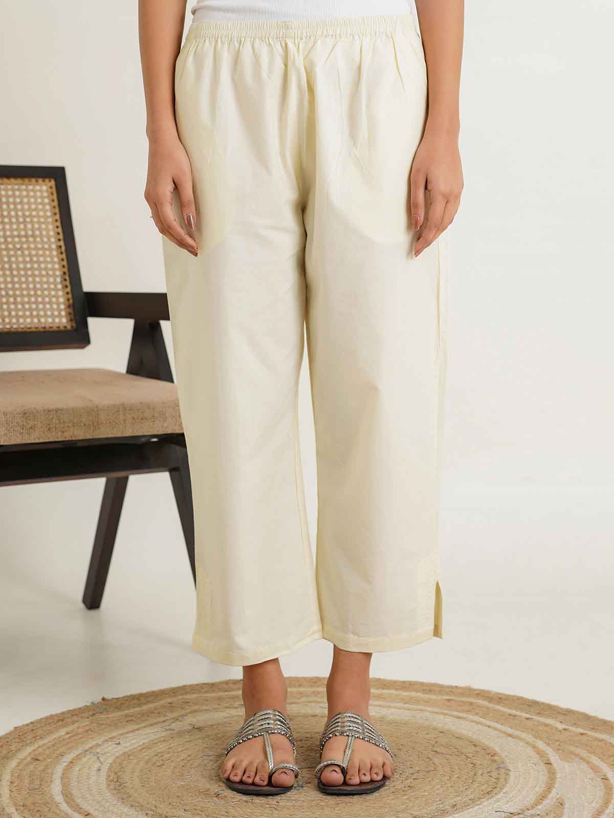 Cotton Solid Ankle Length Pants Beige Goodhand - Main Image