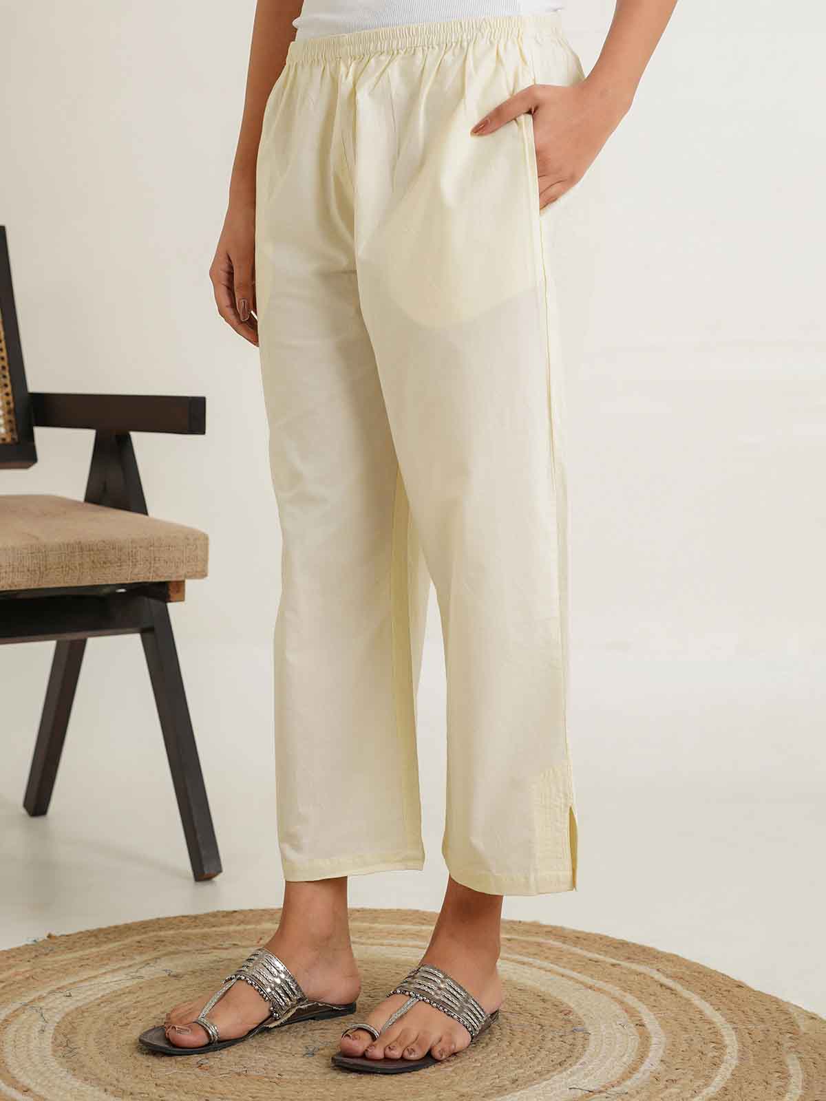 Cotton Solid Ankle Length Pants Off-White