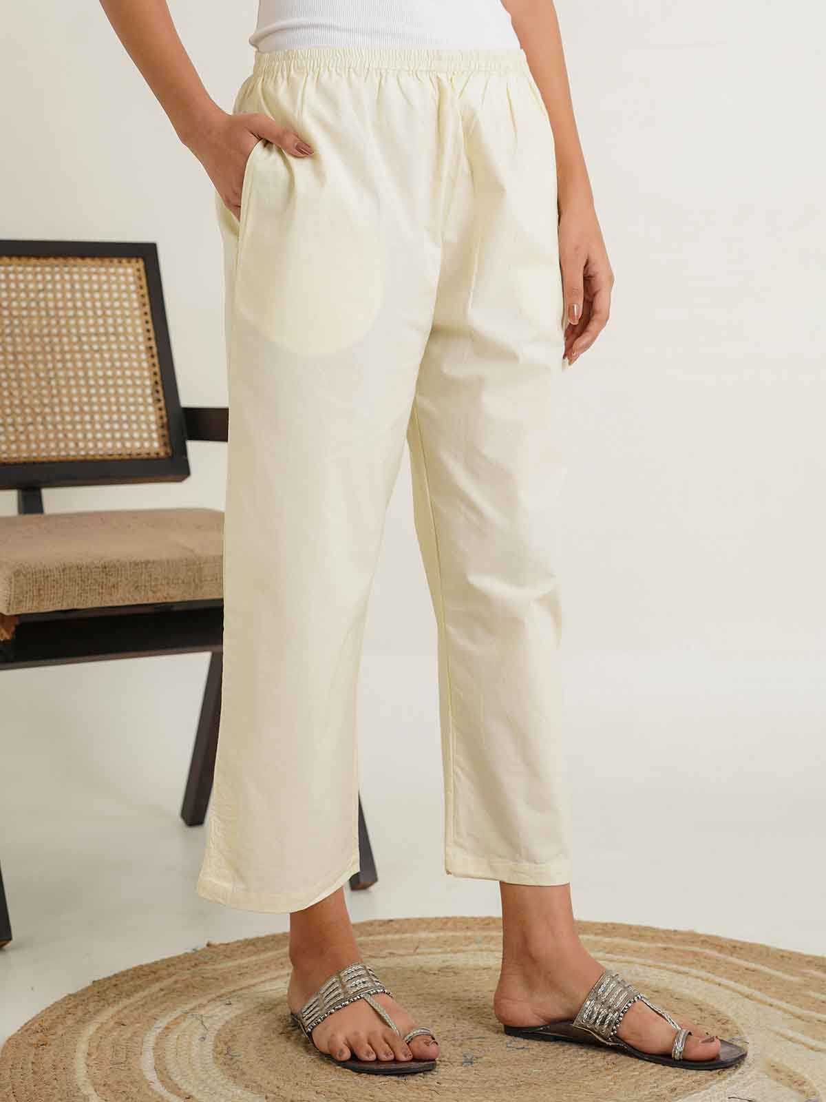 Cotton Solid Ankle Length Pants Off-White