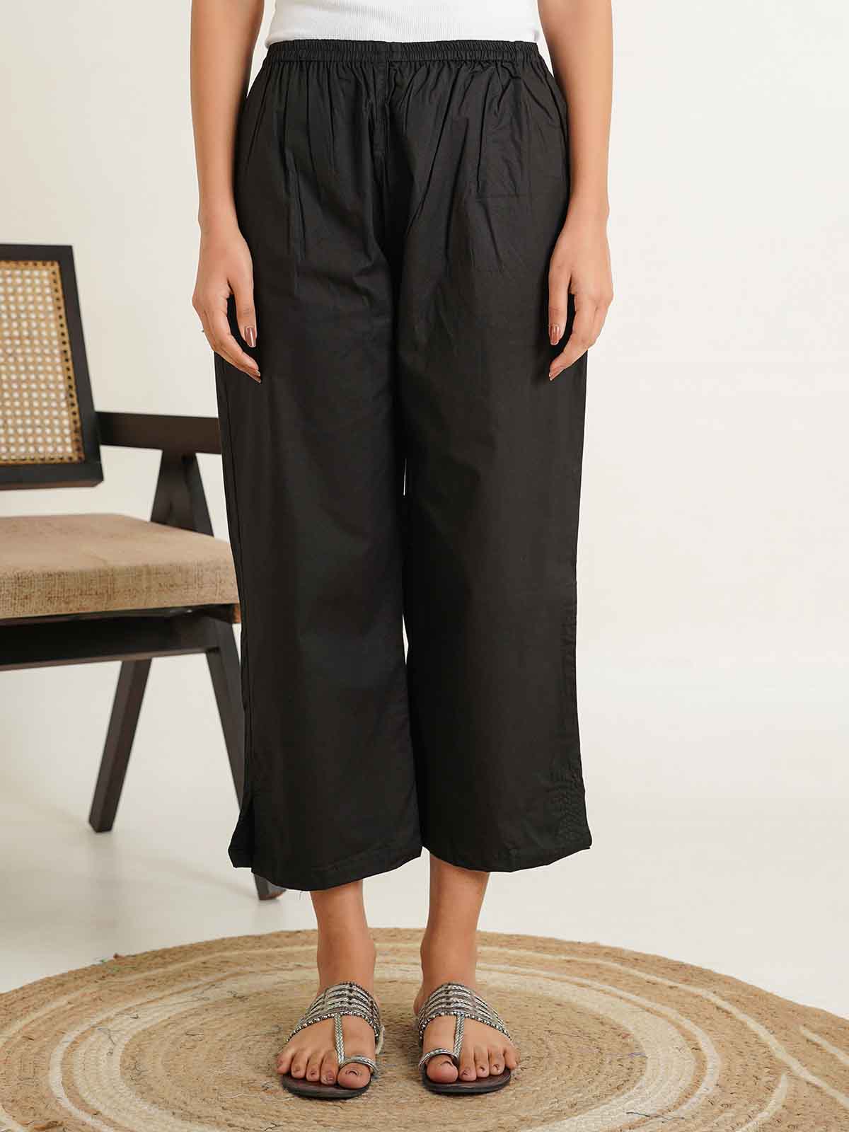 Cotton Solid Ankle Length Pants Black