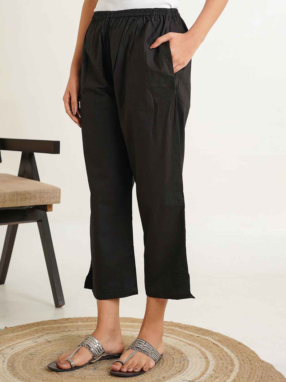 Cotton Solid Ankle Length Pants Black