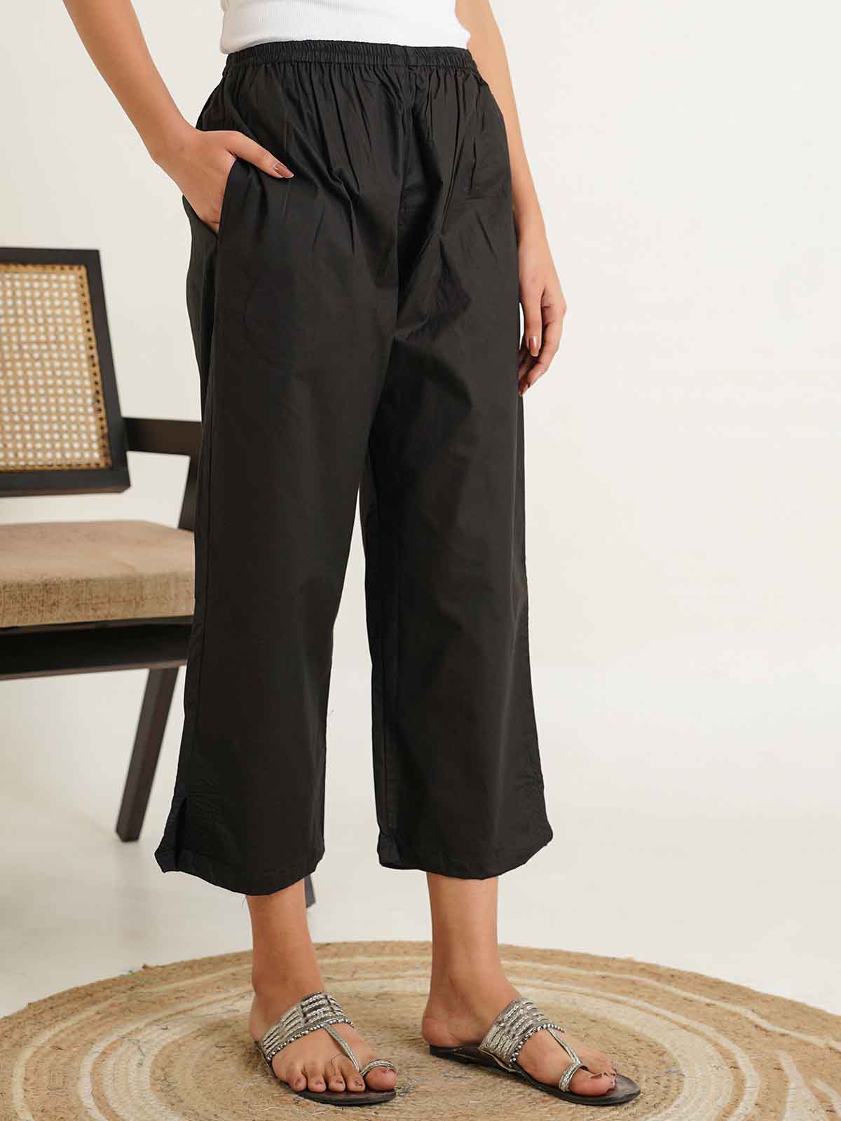 Cotton Solid Ankle Length Pants Black