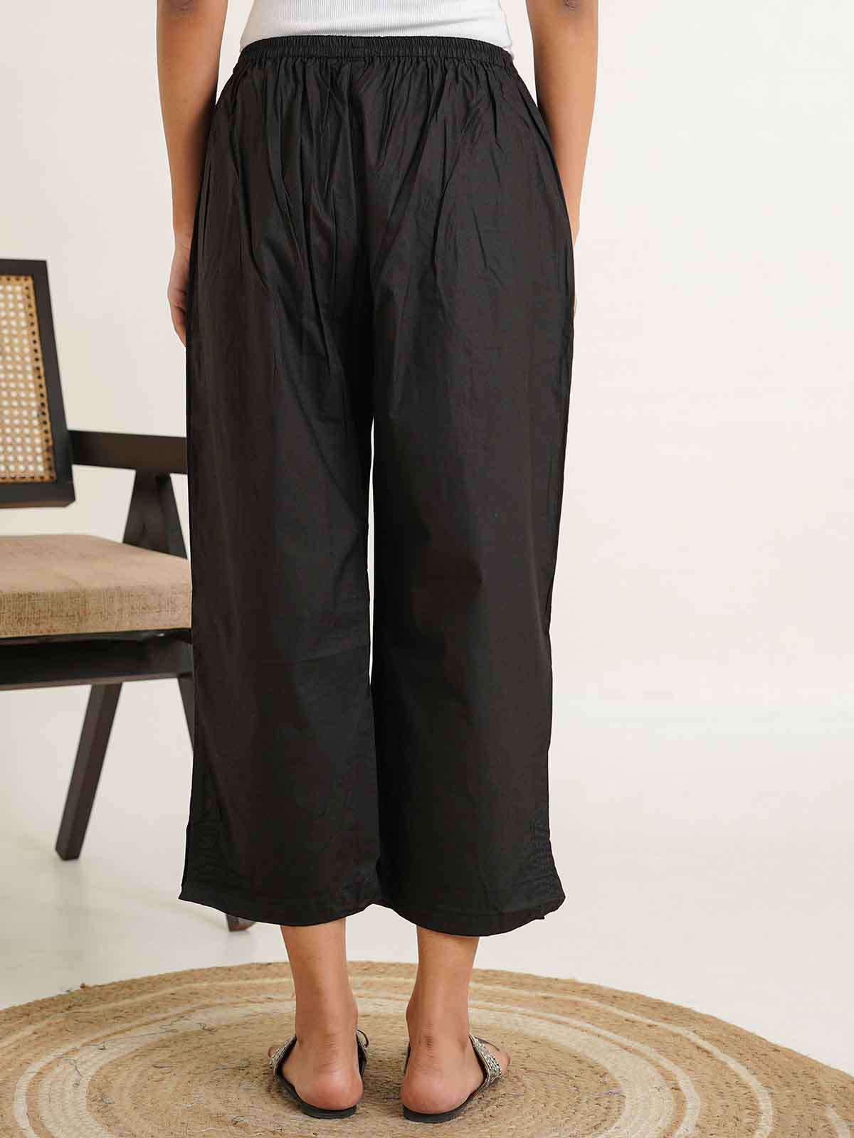Cotton Solid Ankle Length Pants Black