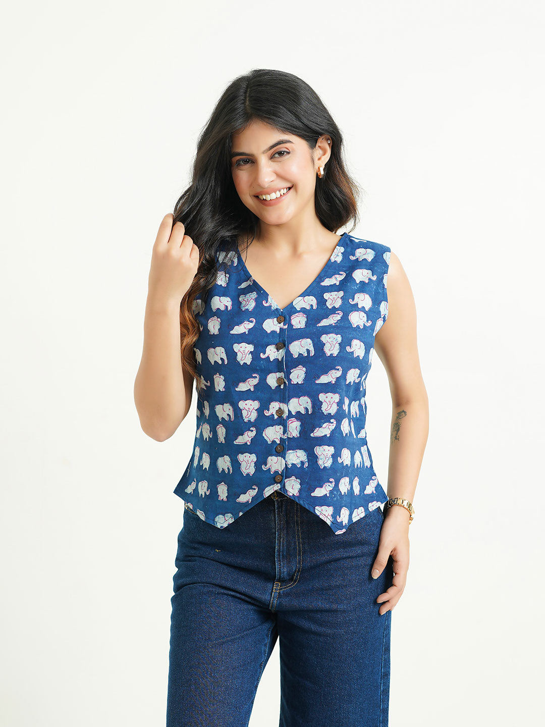 Sleeveless Cotton Block Printed Kothi Top Indigo