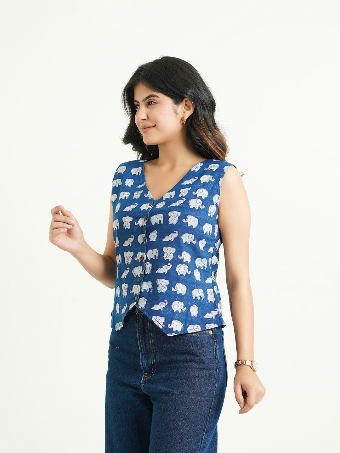 Sleeveless Cotton Block Printed Kothi Top Indigo