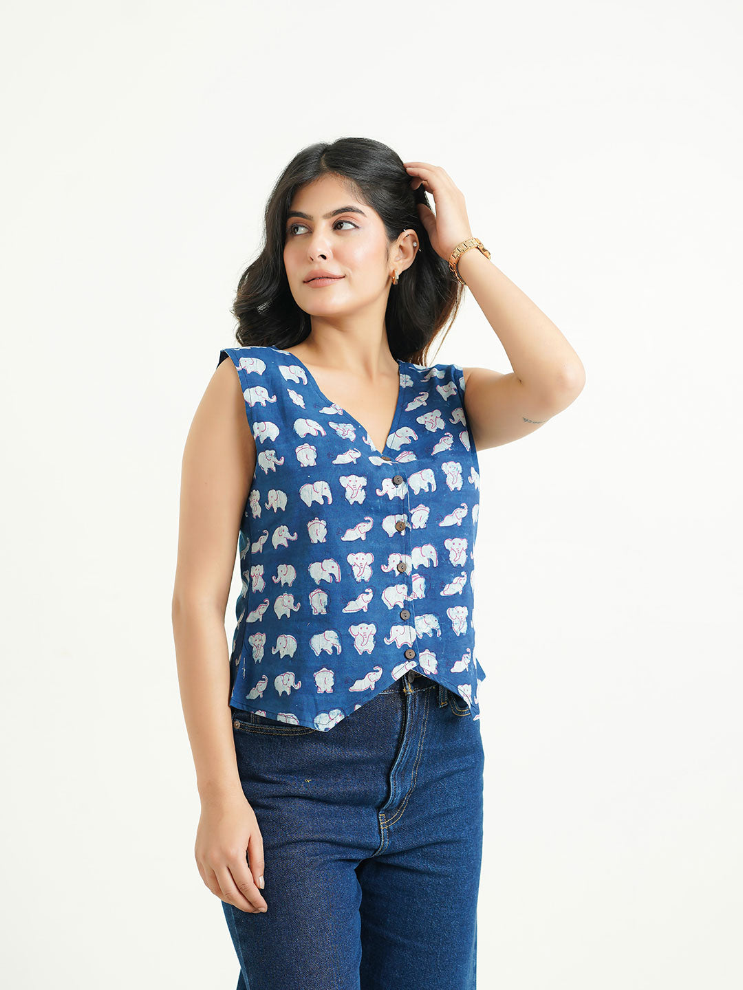 Sleeveless Cotton Block Printed Kothi Top Indigo