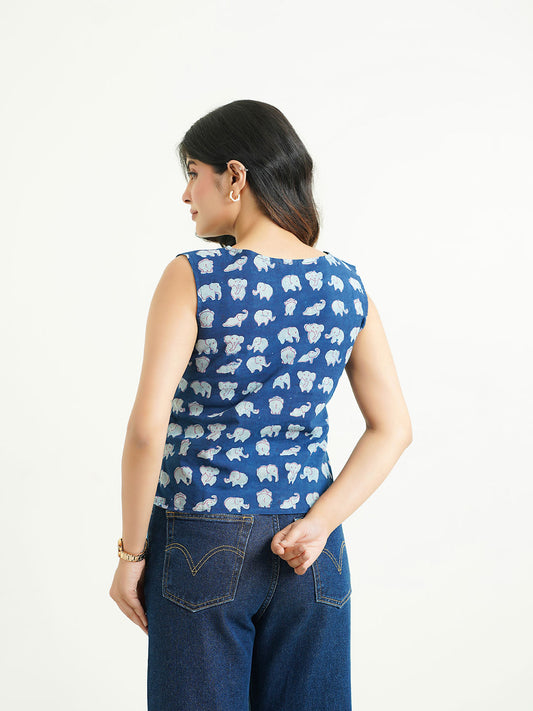 Sleeveless Cotton Block Printed Kothi Top Indigo