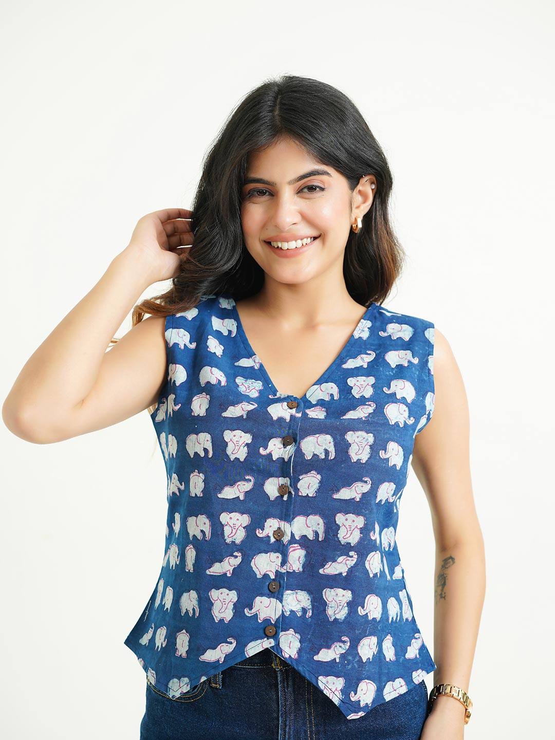 Sleeveless Cotton Block Printed Kothi Top Indigo