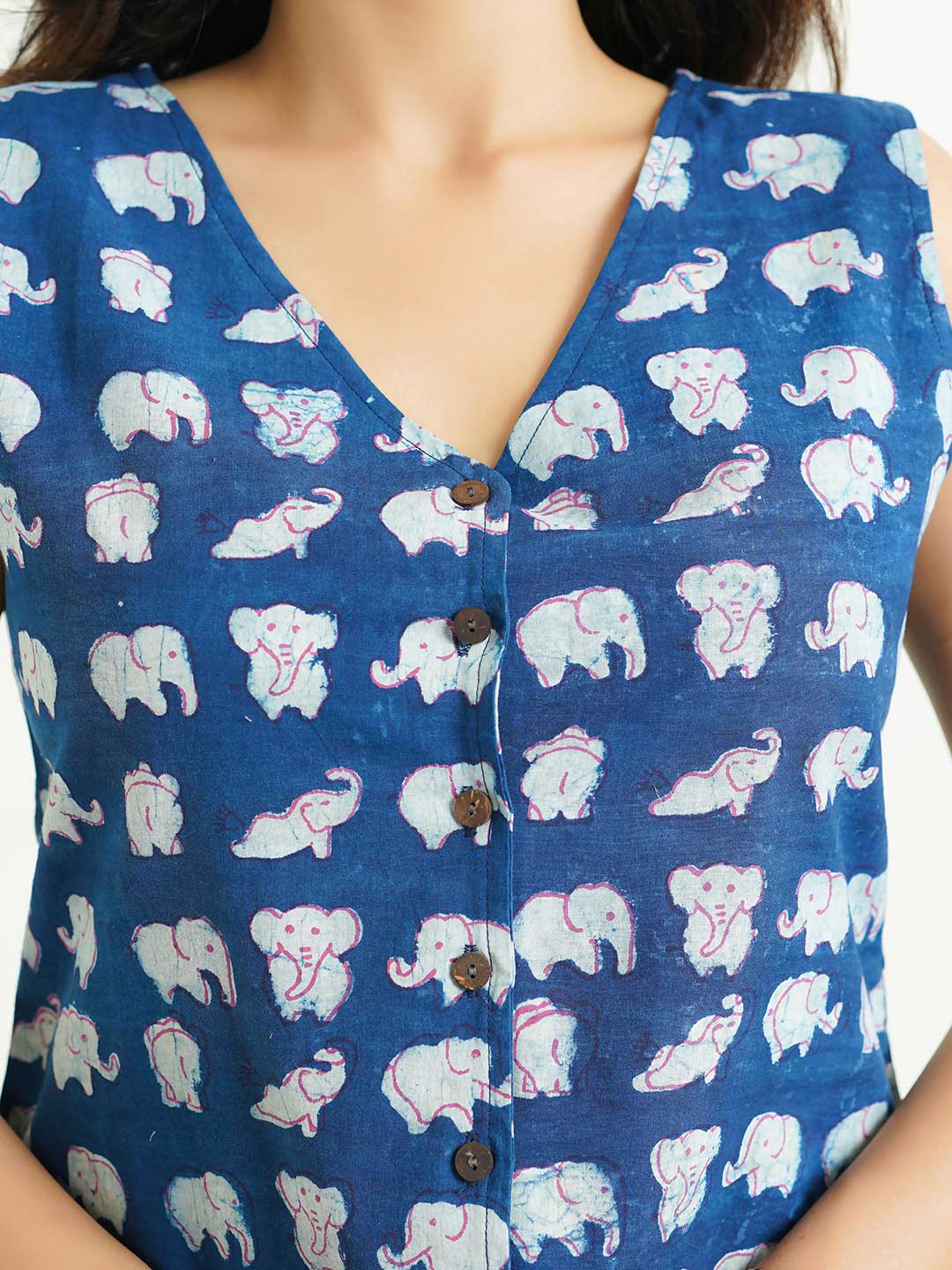 Sleeveless Cotton Block Printed Kothi Top Indigo