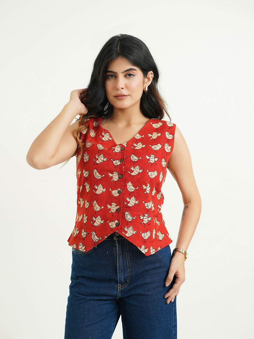 Sleeveless Cotton Block Printed Kothi Top Red