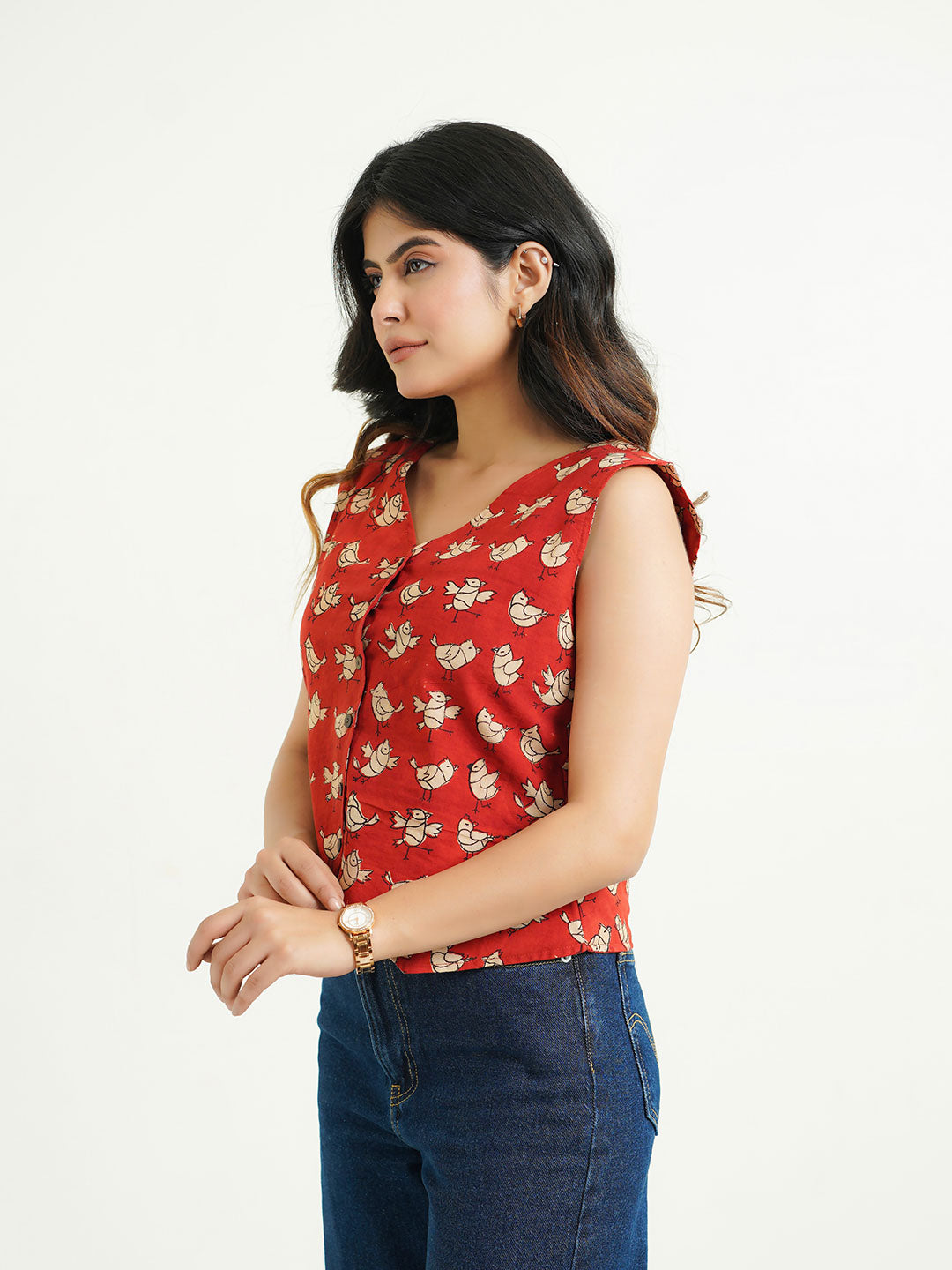 Sleeveless Cotton Block Printed Kothi Top Red