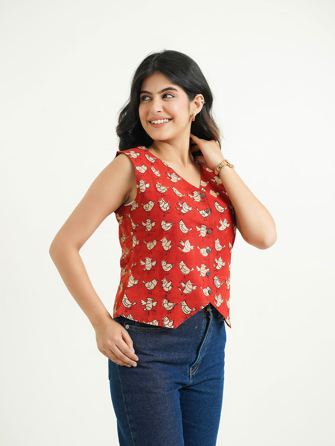 Sleeveless Cotton Block Printed Kothi Top Red