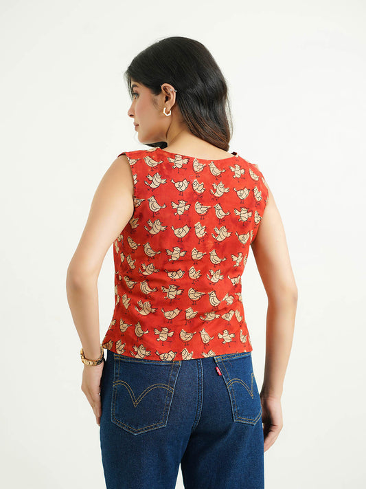 Sleeveless Cotton Block Printed Kothi Top Red