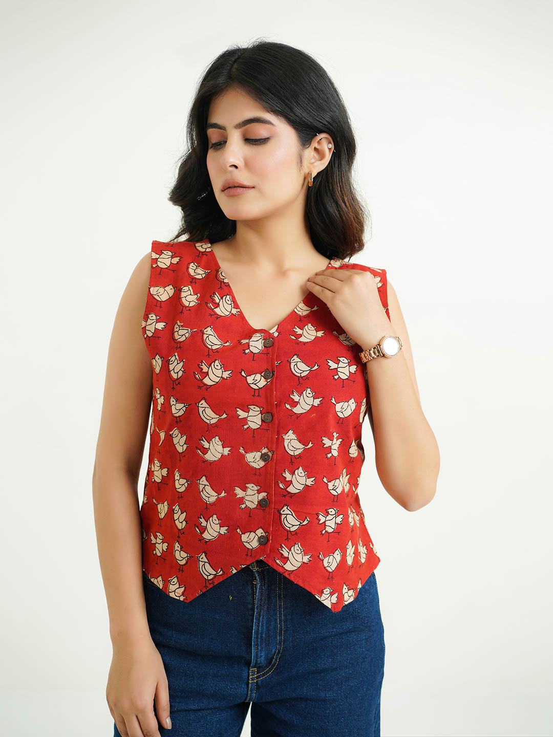 Sleeveless Cotton Block Printed Kothi Top Red