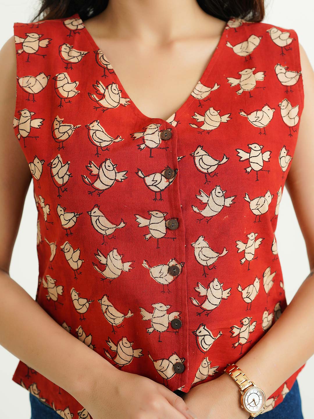 Sleeveless Cotton Block Printed Kothi Top Red