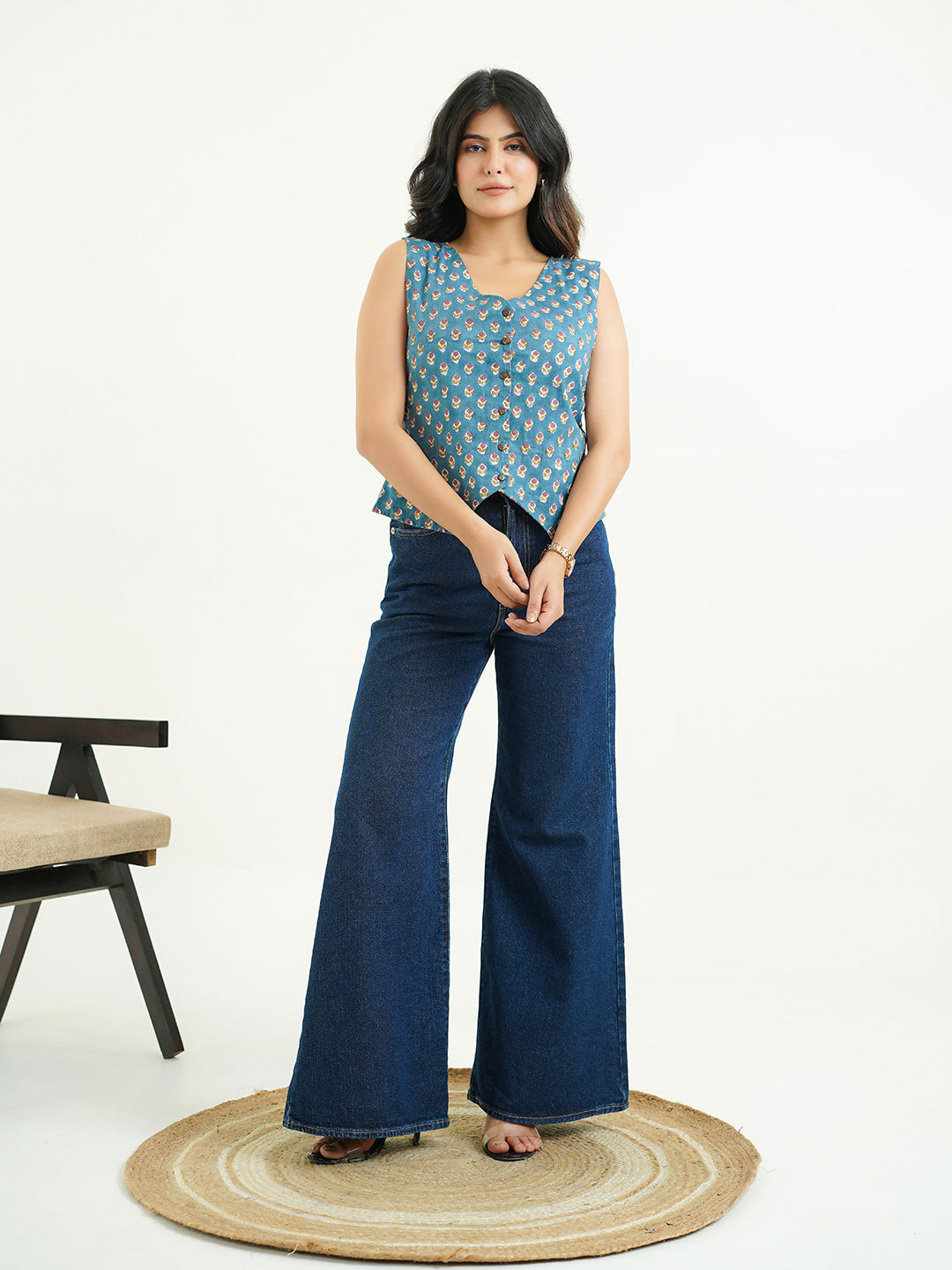 Sleeveless Cotton Block Printed Kothi Top Teal
