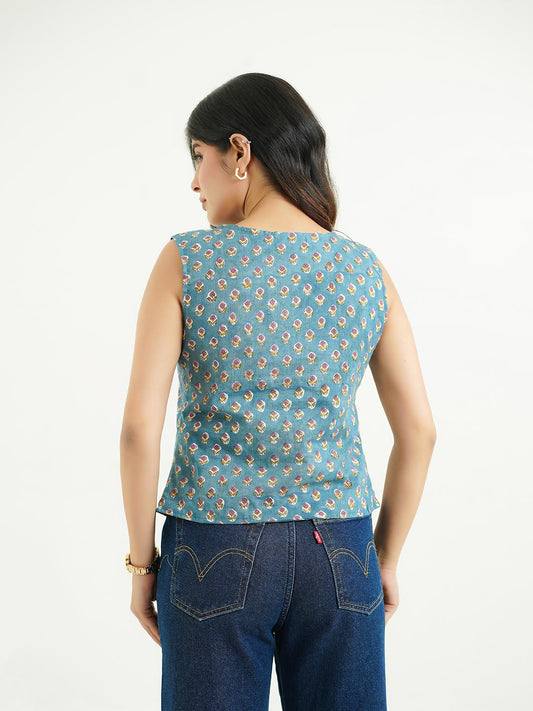 Sleeveless Cotton Block Printed Kothi Top Teal