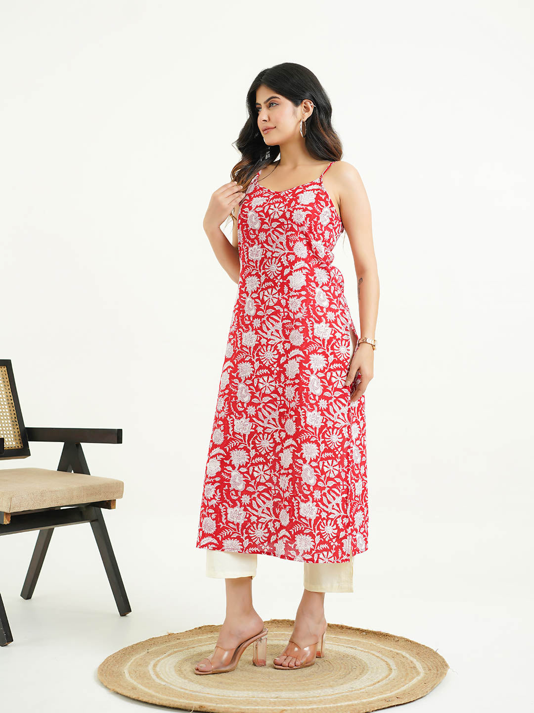 Cotton Sleeveless Strappy Kurta Red