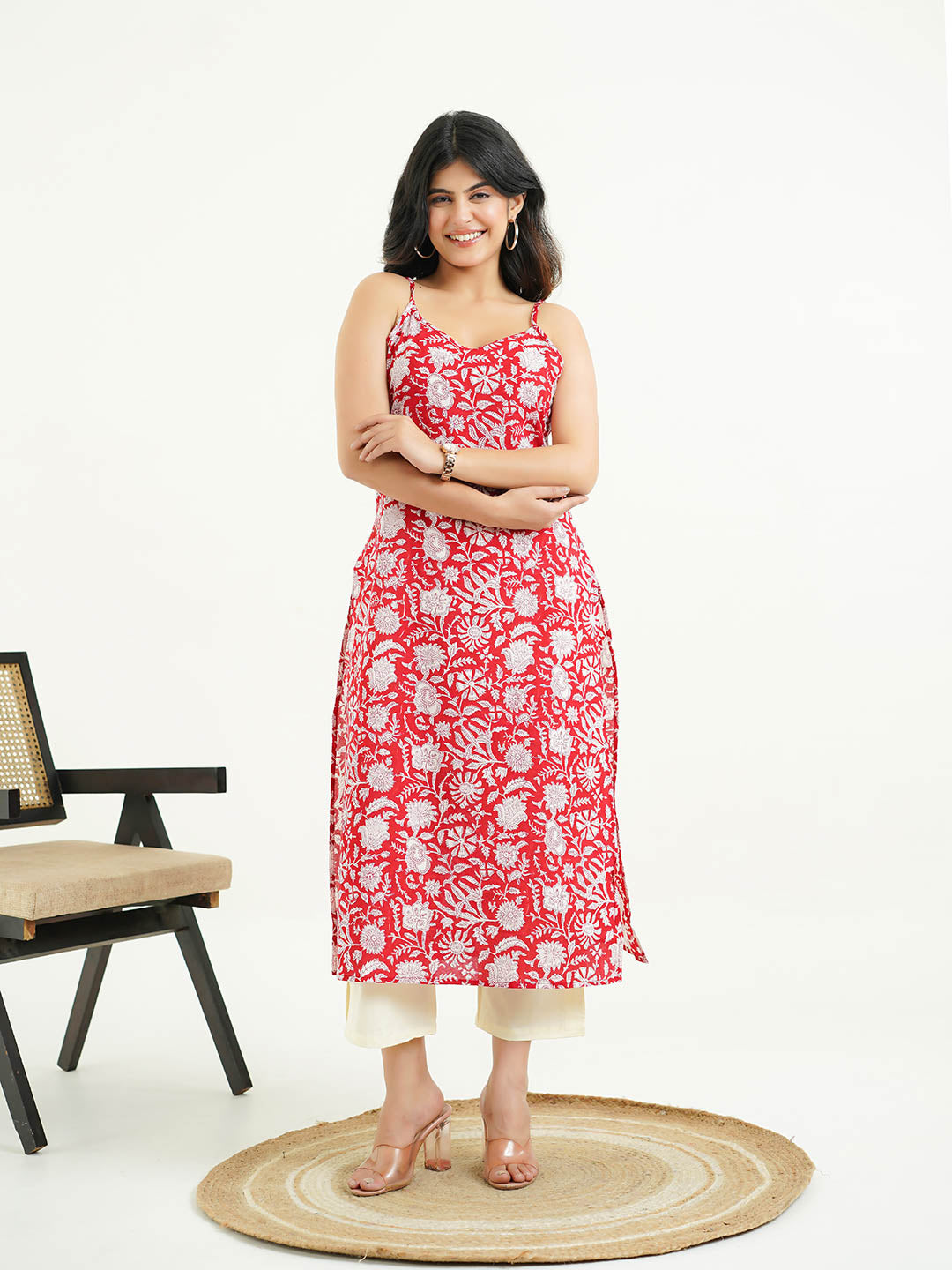 Cotton Sleeveless Strappy Kurta Red