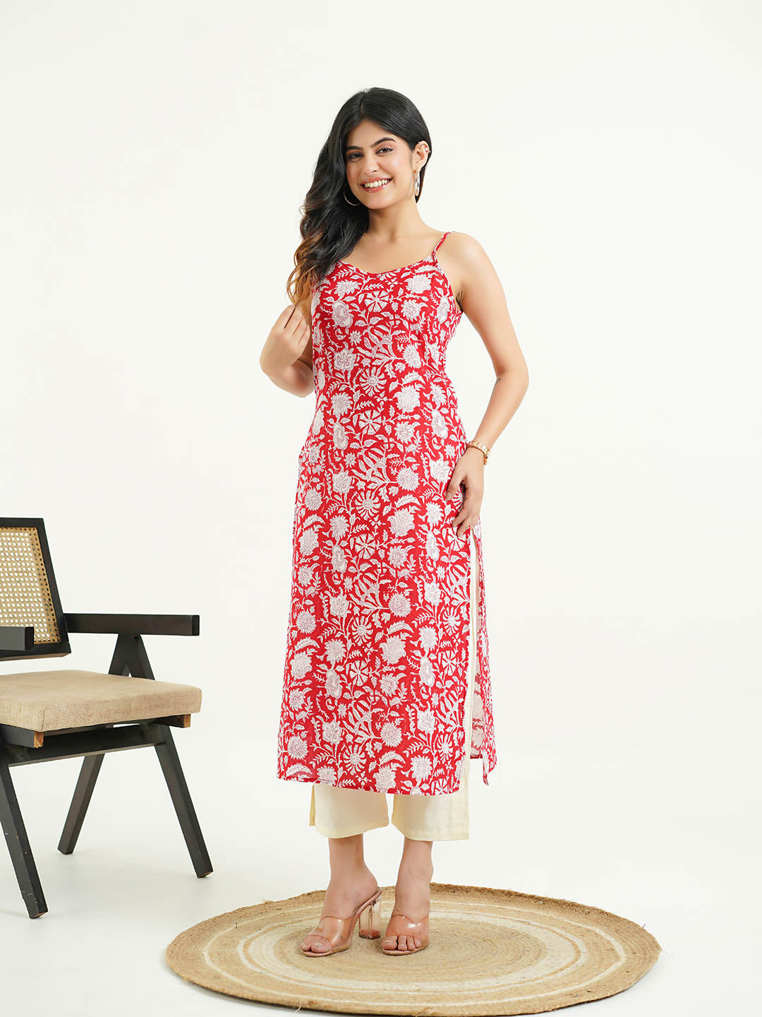 Cotton Sleeveless Strappy Kurta Red