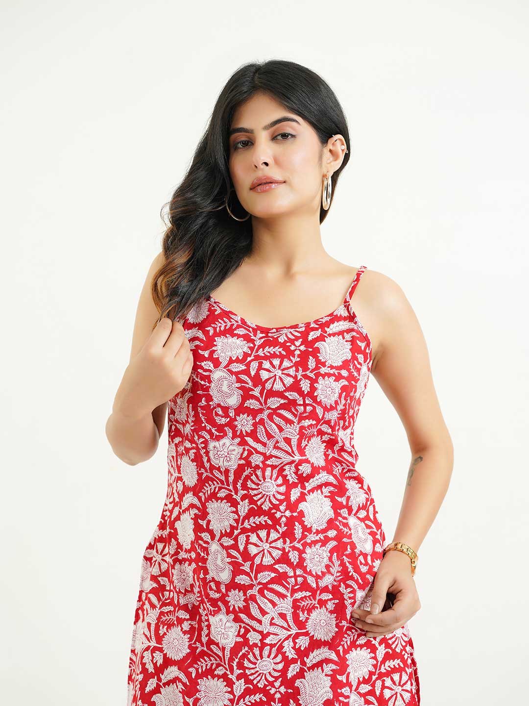 Cotton Sleeveless Strappy Kurta Red