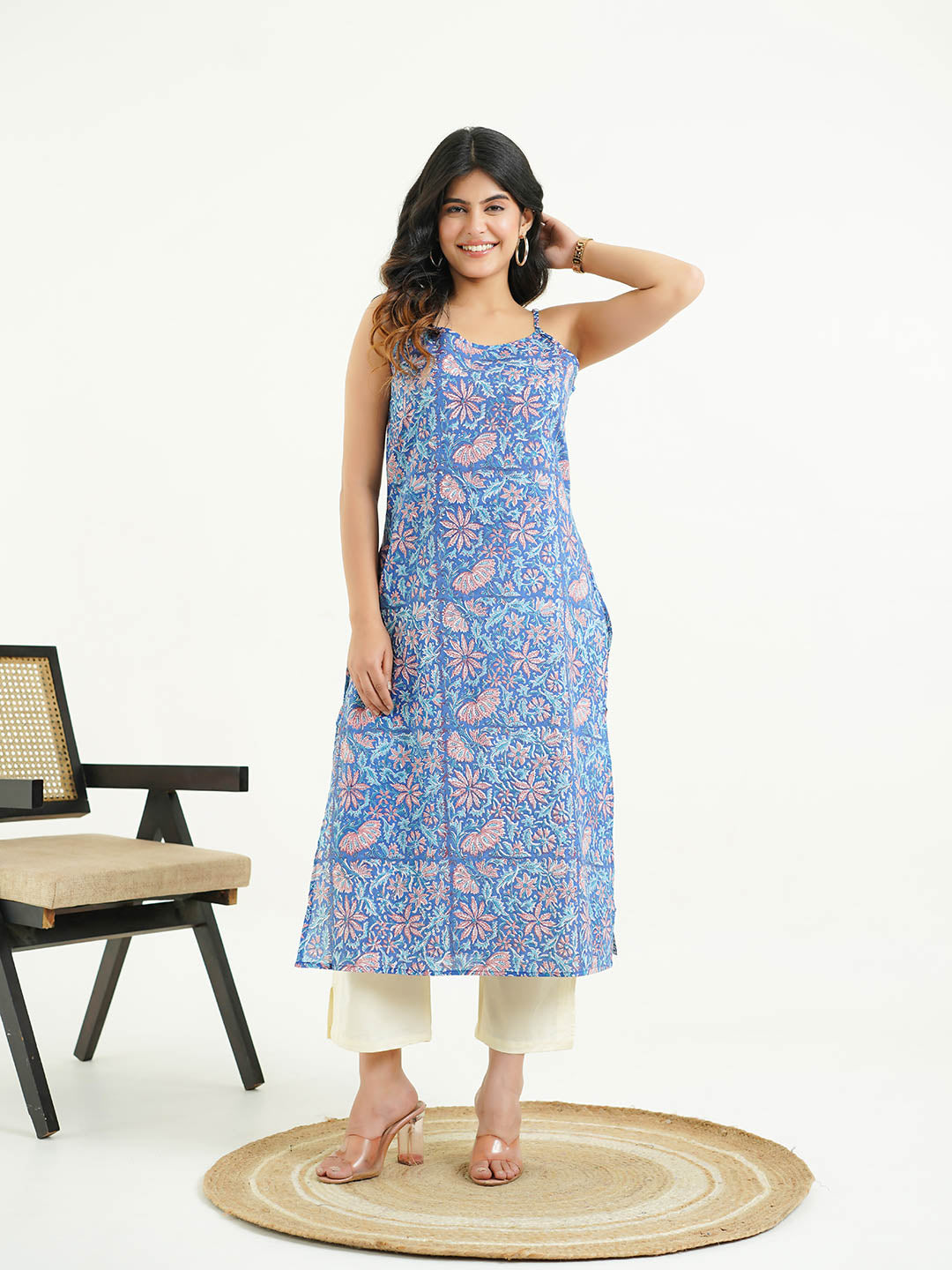 Cotton Sleeveless Strappy Kurta Royal Blue