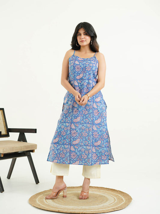Cotton Sleeveless Strappy Kurta Blue