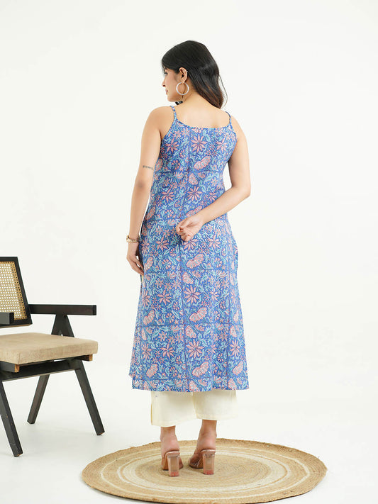 Cotton Sleeveless Strappy Kurta Blue