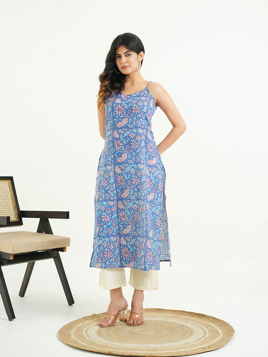 Cotton Sleeveless Strappy Kurta Royal Blue