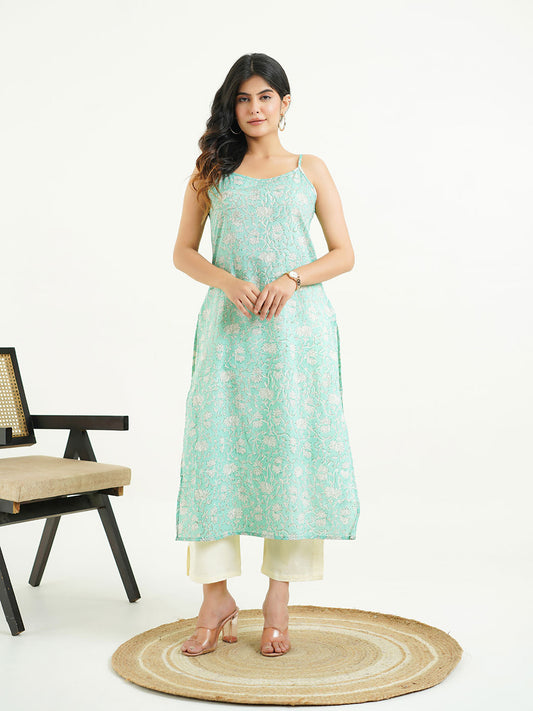 Cotton Sleeveless Strappy Kurta Green