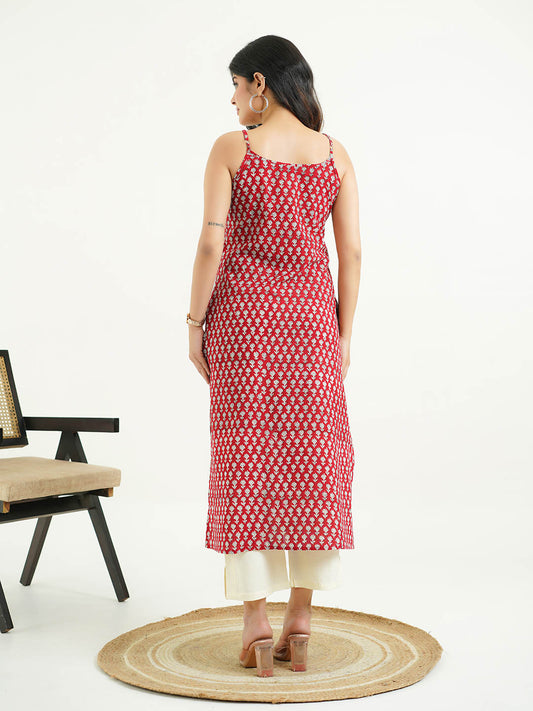 Cotton Sleeveless Strappy Kurta Red Booty