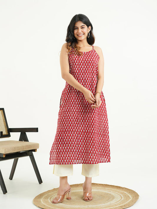 Cotton Sleeveless Strappy Kurta Red Booty