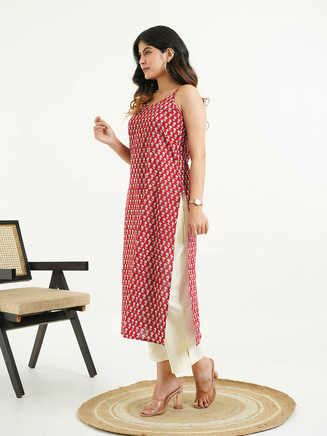 Cotton Sleeveless Strappy Kurta Red Booty
