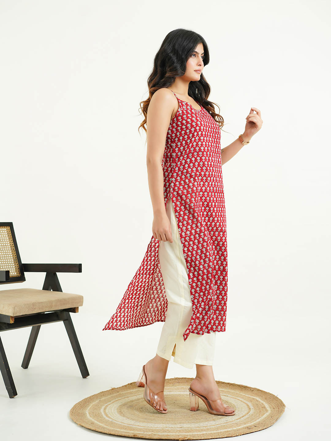 Cotton Sleeveless Strappy Kurta Red Booty
