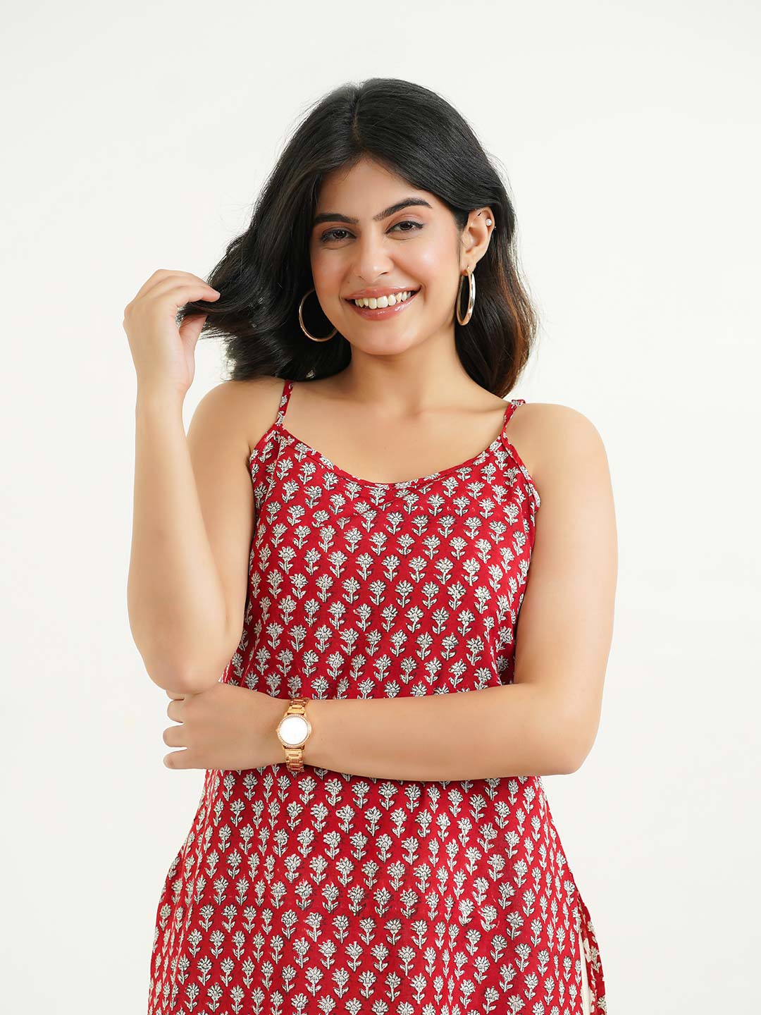 Cotton Sleeveless Strappy Kurta Red Booty