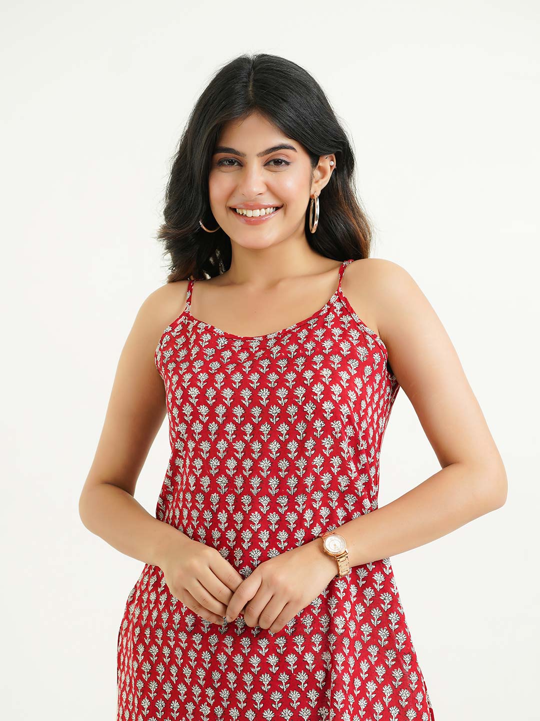 Cotton Sleeveless Strappy Kurta Red Booty