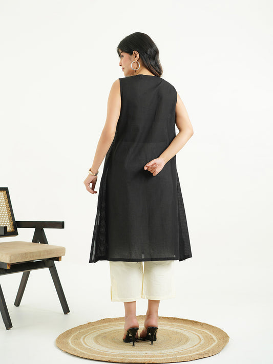 Cotton Pleated Sleeveless Kurta Black