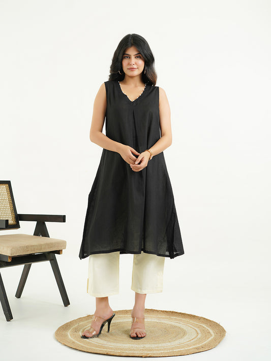 Cotton Pleated Sleeveless Kurta Black
